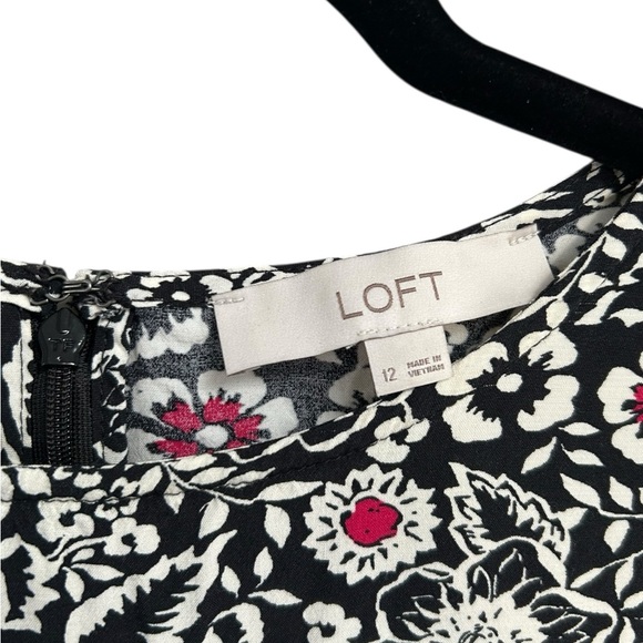 LOFT Women’s Black White Pink Floral Ruffle Cuff Midi Dress Zip Back - Size 12 - Picture 5 of 10